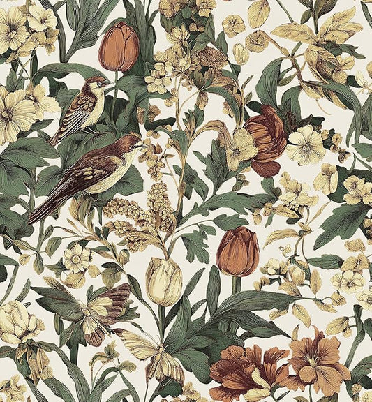 Erfoni 17.3" x 394" Birds Floral Peel and Stick Wallpaper Vintage Contact Paper for Livingroom Boho Floral and Leaf Self Adhesive Wall Paper Retro DIY Removable Wallpaper Vinyl Roll Beige