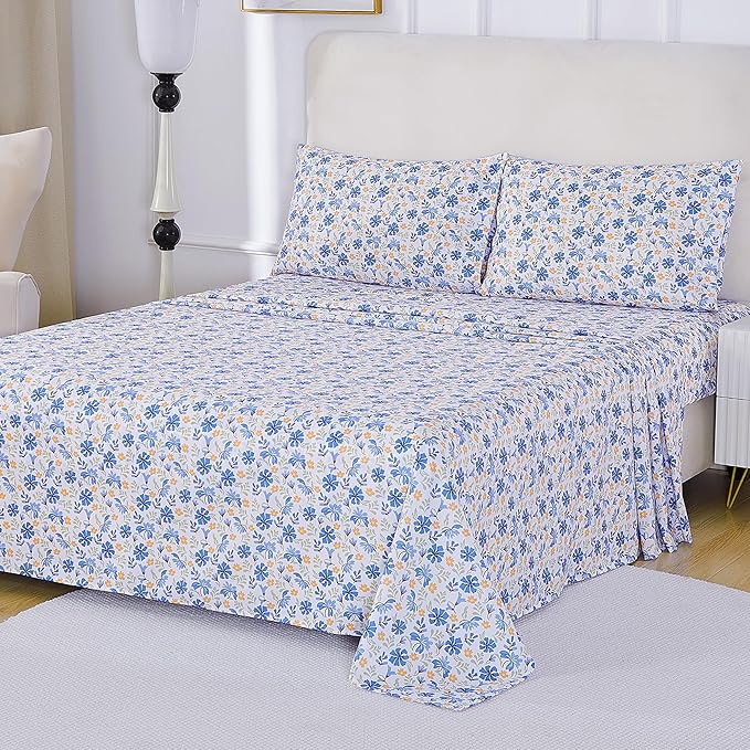 Softan Vintage Blue Floral Queen Bed Sheets, Cozy Microfiber Flower Printed Sheets with 15" Deep Pocket Fitted Sheet & Non-Slip Straps, Patterned Floral in Blue & Amber Sheets & Pillowcase Set