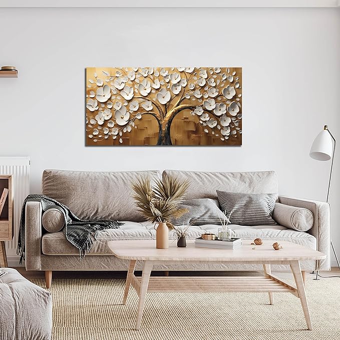 Large Wall Art for Living Room Bedroom Office Tree Art Wall Decor Gold Artwork Tree of Life Wall Art White Flower Framed Wall Decor Modern Canvas Prints 20x40 In