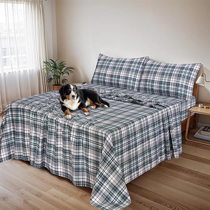 RUVANTI Flannel Sheets Queen Size - 100% Cotton Double Brushed Bed Sheets, Deep Pockets 16 Inches Queen Sheet Set, All Seasons Breathable & Extra Soft - Warm & Cozy, 4 Piece, Mint Grey