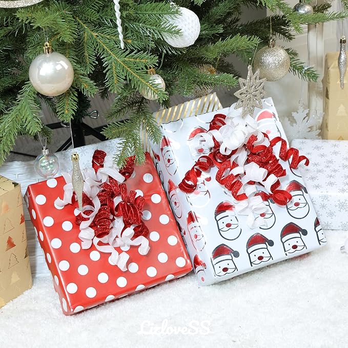6" Metallic Glitter Red and White Self Adhesive Curly Ribbon Gift Wrap Bows for Christmas, Holiday, Birthday, Wedding, Presents, Party Favors Decorations 6-Count