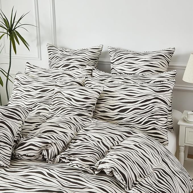 FADFAY Zebra Duvet Cover Queen, 100% Cotton Chocolate and White Animal Print Bedding Set, 3 Pieces with Zipper Closure & Corner Ties