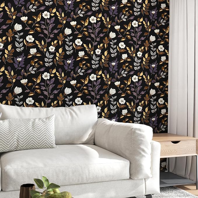 Dark Floral Wallpaper Peel and Stick Vintage Gold Leaf Contact Paper Black Floral Wallpaper Waterproof Self-Adhesive Wall Covering for Bedroom Countertop Desk Cabinets 17.4" x 118"