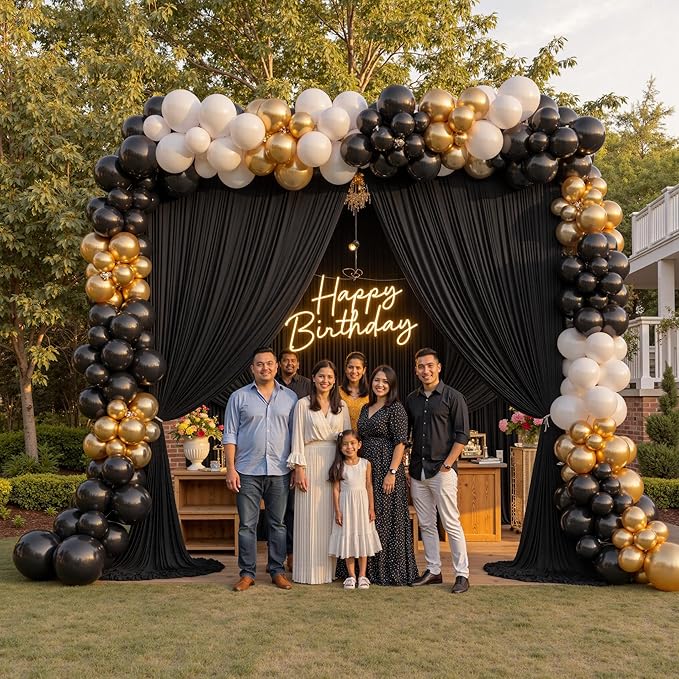 PartyVillage 10ft×15ft Black Backdrop Curtain for Wedding Parties, 2 Panels Wrinkle Free 15 FT Long Polyester Photo Backdrop Drapes Back Drop Cloth for Birthday Photography Background