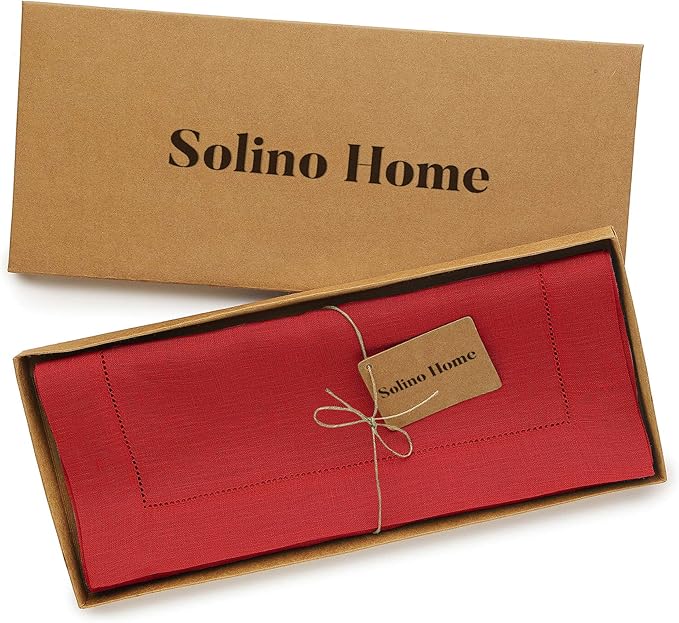 Solino Home Linen Red Table Runner 132 Inches Long - 100% Pure Linen Extra Long Table Runner 14 x 132 Inch for Valentines, Winter - Classic Hemstitch