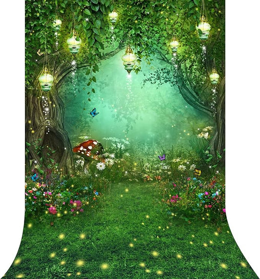 Riyidecor Fairy Wonderland Garden Backdrop Green Princess Birthday 5Wx7H Feet Enchanted Green Backdrop for Baby Shower Birthday Party Photo Studio Shoot Reusable Fabric