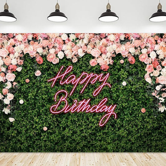 Riyidecor Happy Birthday Backdrop for Women，Girls Flower Wall Pink Rose，Green Leaves Floral Blossom Botanical Plant Nature 7Wx5H Feet Photography Background 30 Birthday Photo Studio Shoot Fabric