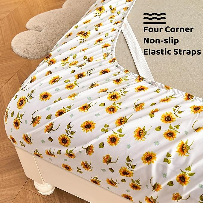 Softan Floral Sheet Set Queen, Sunflower Printed Bed Sheets Queen, Cozy Double Brushed Microfiber Fitted Sheet with 15" Deep Pocket and Corner Straps, Cute Yellow Flower Sheet & Pillowcase Sets