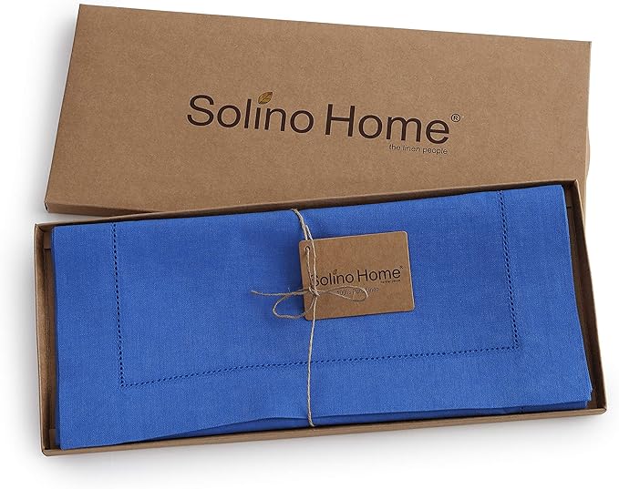 Solino Home Linen Royal Blue Table Runner 156 Inches Long - 100% Pure Linen Extra Long Table Runner 14 x 156 Inch for Spring - Classic Hemstitch