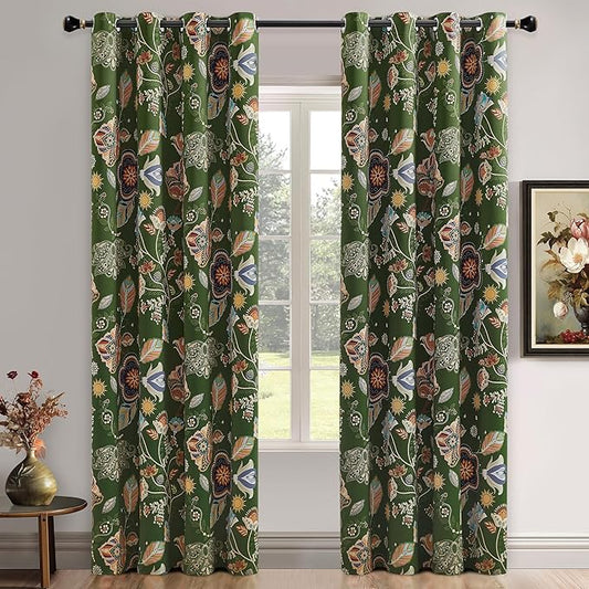 XiDi Green Floral Curtains 102 Inches Long 2 Panels Vintage Patterned Blackout Curtains for Living Room Thermal Insulated Grommet Luxury Cottage Core Botanical Printed Drapes Moss Green 52x102