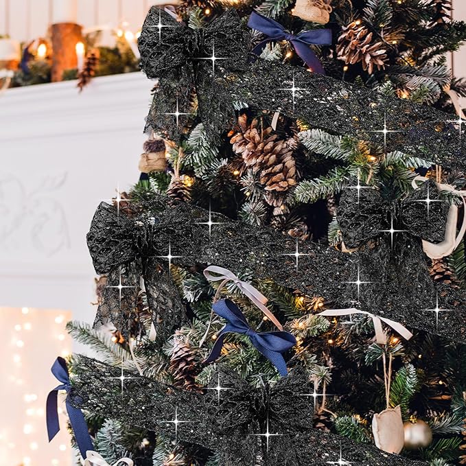 Geosar 20 Yards Black Mesh Glitter Wired Ribbon for Christmas Tree Decorations, Gift Wrapping, DIY Craft, Xmas Wreaths, Cabinet Decor (2.5 Inch)