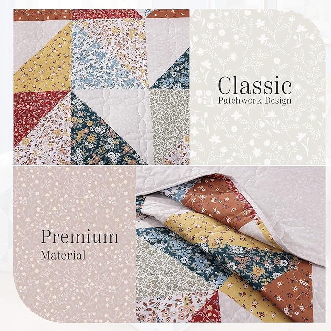 Quilt Set Queen Size, Patchwork Burnt Orange Floral Quilt Sets, Reversible Bedspread Lightweight and Breathable for All Seasons, Soft Quilted Bedspread with 2 Pillow Shams