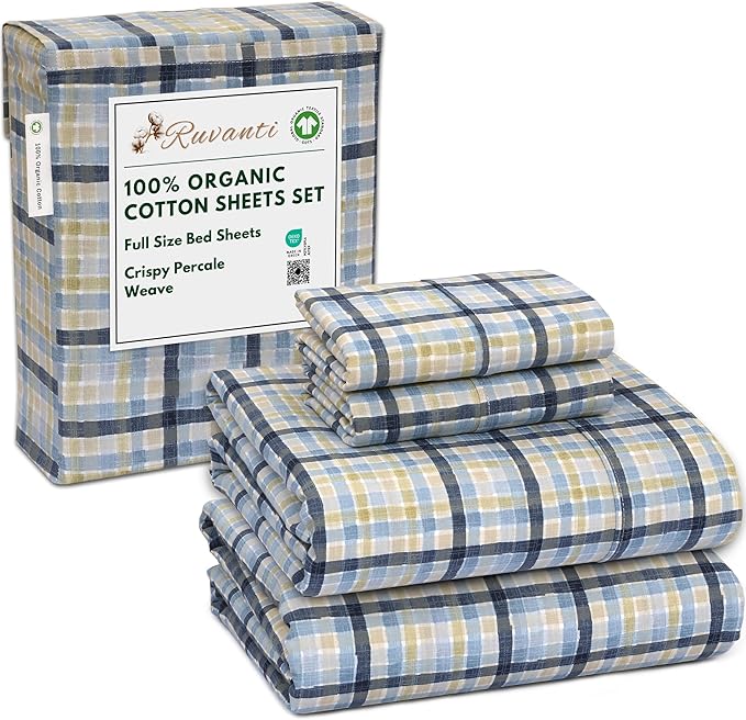 RUVANTI 100% Organic Cotton Sheets Full Size, Percale Weave, GOTS Certified, 4-Piece Set, Deep Pocket 15", Crisp & Breathable, Soft Durable Bedding, Sábanas Algodón Orgánico – Pastel Print