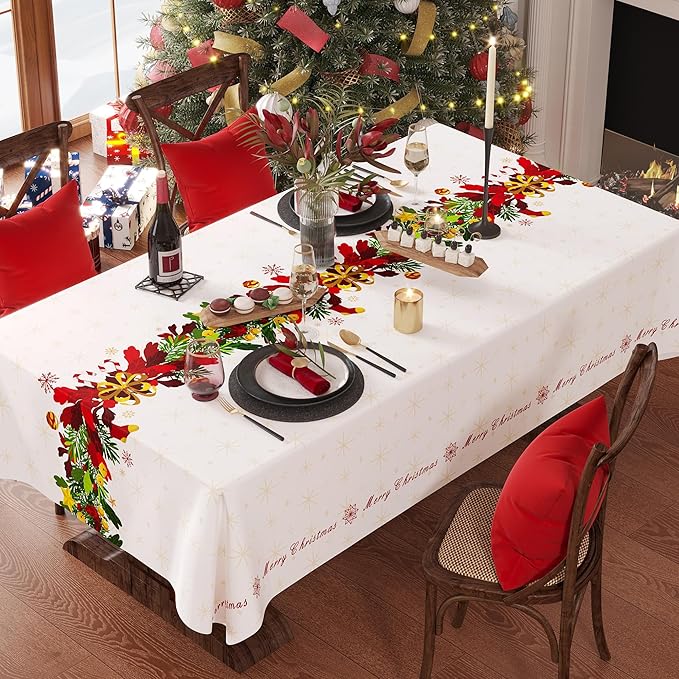 Christmas Rectangle Table Cloth,100% Waterproof Tablecloth,Christmas Decorations for Home, Vinyl Tablecloth Plastic Table Cover for Party，Picnic,Dining,Outdoor 54" x 102",Frosted Wreath