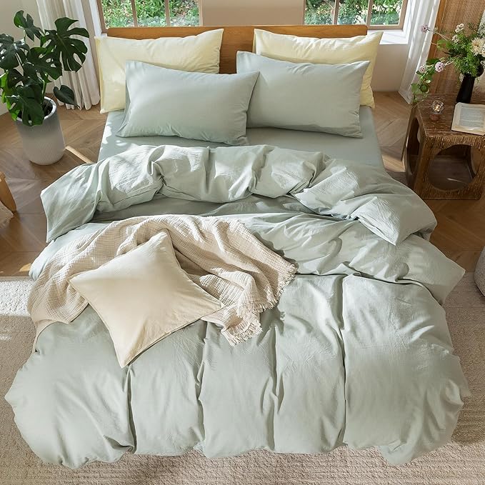 MooMee Bedding Duvet Cover Set 100% Washed Cotton Linen Like Textured Breathable Durable Soft Comfy (Heathered Sage Green, King 104"x90")