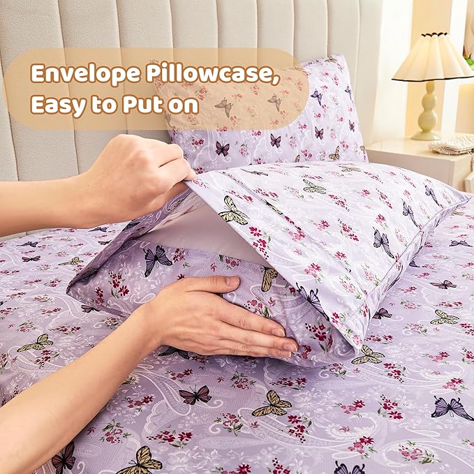 Softan Floral Twin Size Sheet Set, Purple Paisley Flower Printed Sheets for Kids Girls, Brushed Microfiber Fitted Sheet with 15" Deep Pocket & Non-Slip Straps, Butterfly Patterned Sheets