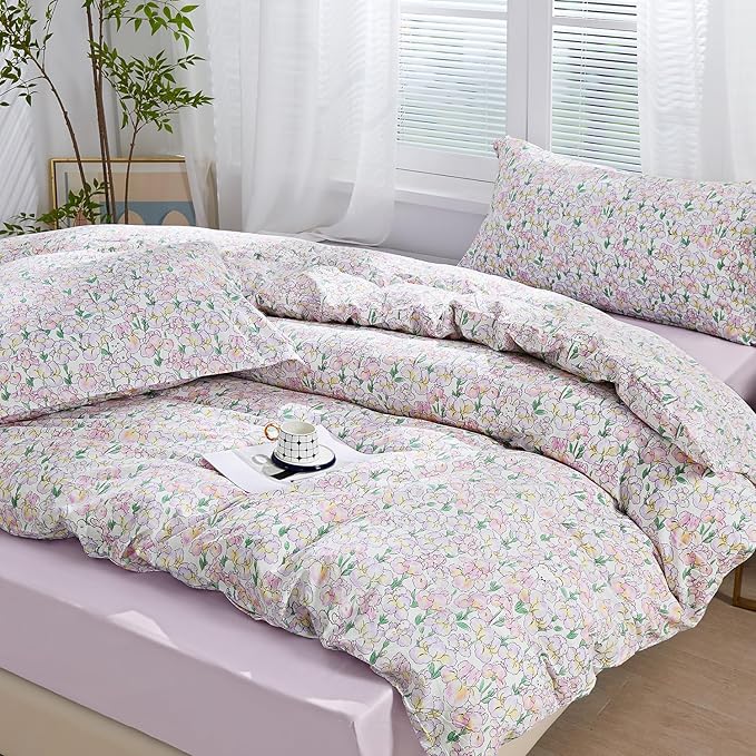 SAPHREAS King Size Pink Iris Floral Duvet Cover Botanical Floral Leaves Pattern Comforter Set Cute Bear Duvet Cover Lightweight Soft Microfiber 3pcs 1 Duvet Cover 2 Pillow Shams