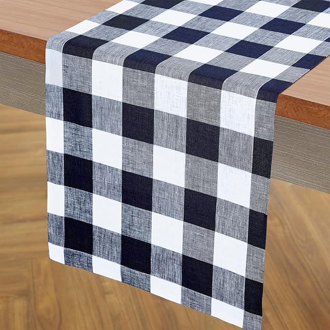 Solino Home Checkered Linen Table Runner 108 Inches Long - 100% Pure Linen Navy and White Buffalo Check Table Runner 14 x 108 Inch Ideal for Dining, Winter