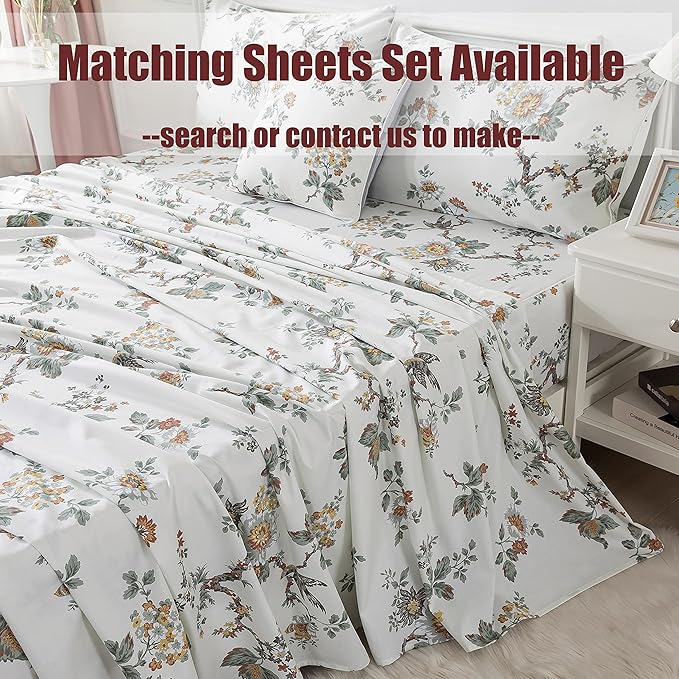 FADFAY Duvet Cover Set Twin Elegant Floral Bedding Shabby Beige Bird Print Flower Quilt Cover Set Vintage Farmhouse Bedding 100% Cotton Soft Comforter Cover Set with Zipper Closure 3Pcs, Twin Size