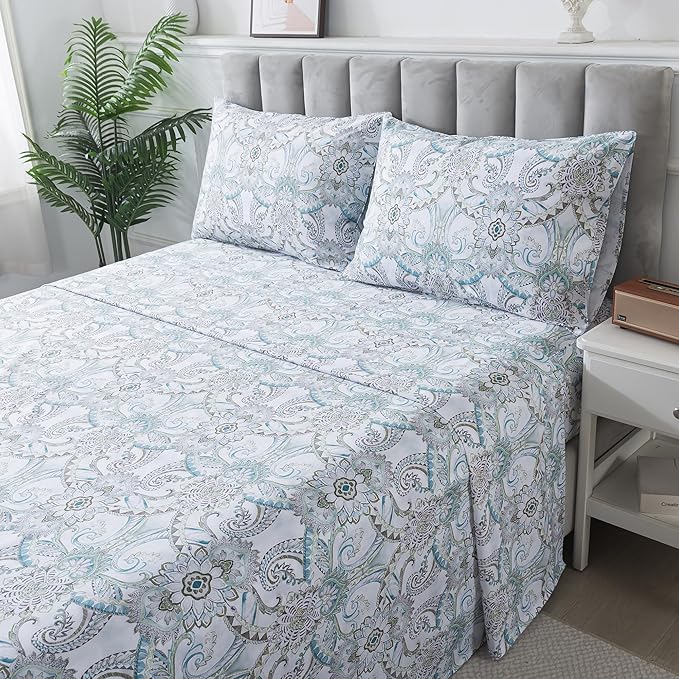 FADFAY Blue Paisley Sheets Set Twin Classic Boho Paisley Bedding Luxurious Bohemian Damask Paisley Bed Sheet Breathable 100% Egyptian Cotton 800 Thread Count Deep Pocket Fitted Sheet 4Pcs, Twin Size