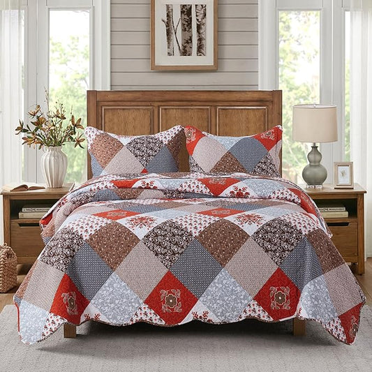 Travan Floral Printed Quilt Sets 3-Piece Super Soft Lightweight Queen Size Bedspread with Shams Reversible Quilted Bedding Set, Red, Queen