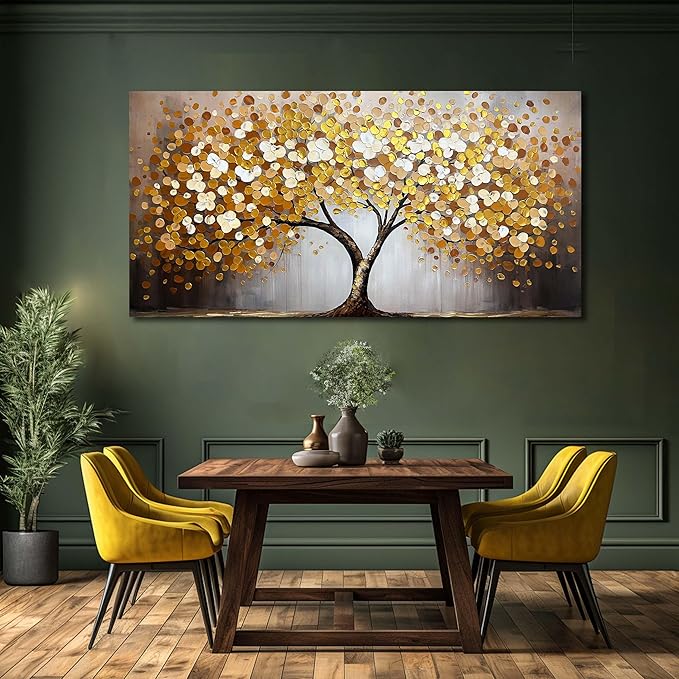WDHCG Gold and White Tree Painting Wall Art For Living Room - Tree Of Life Wall Decor For Office - Extra Large Wall Art For bedroom Size 36 x 72 Inch