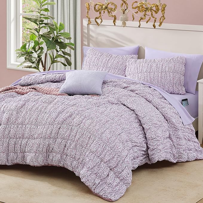 Queen Comforter Set - 7 Pieces Light Purple Puff Floral Bedding Sets for All Seasons, Shabby Chic Farmhouse Bed in a Bag Queen with Wildflowers Fluffy Comforter, Sheets, Pillowcases & Shams