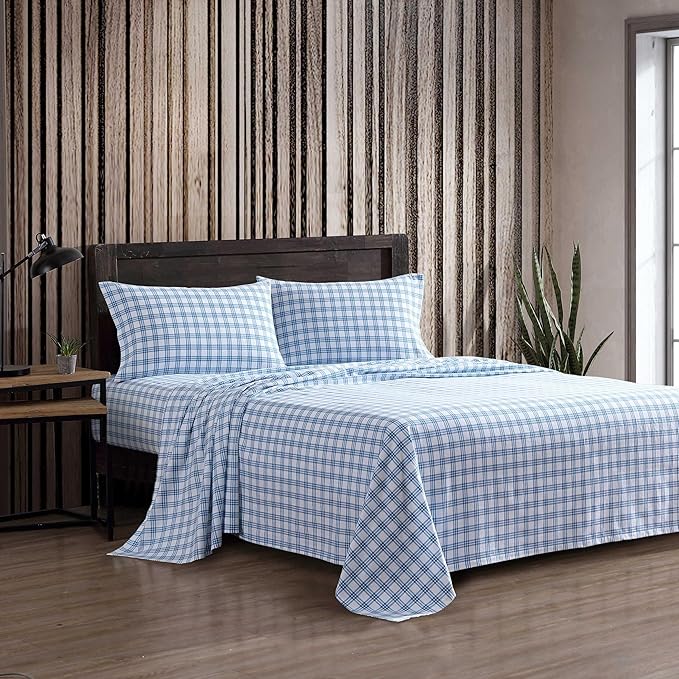 Eddie Bauer - Queen Bed Sheets, Cotton Flannel Bedding Set with Matching Pillowcases, Brushed for Extra Softness, Deep Pocket, Oeko-Tex Certified (Arrowhead Tartan Blue)
