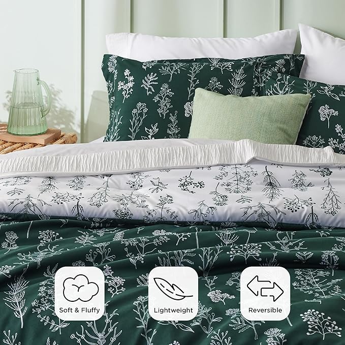Bedsure Twin/Twin XL Comforter Set - Emerald Bed Set, 2 Pieces Cute Floral Bedding, 1 Soft Reversible Botanical Flowers Comforter and 1 Pillow Sham