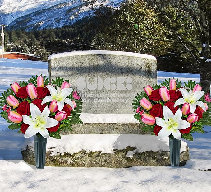 SUHOOKOO Artificial Cemetery Flowers for Outdoor Grave Decorations - Non-Bleed Colors, and Easy Fit - Pink Tulip，White Lily and Red Rose Bouquet