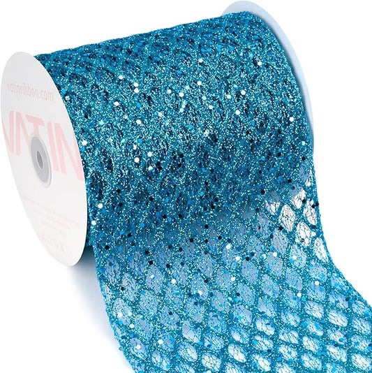 VATIN 6" Turquoise Christmas Ribbon, Blue Glitter Mesh Diamond Web Sequin Dots Wired Christmas Ribbon for Gift Wrapping Bow Making Wreath Supply-10 Yards