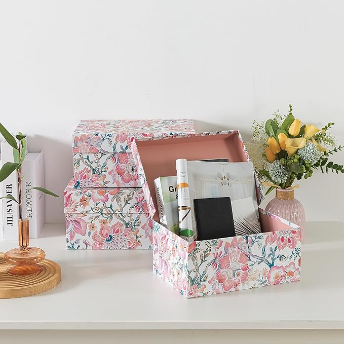 Soul & Lane Decorative Storage Boxes with Hinged Lids, Pink Chinoiserie - Set of 3 Floral Memory Keepsake Boxes with Lids, Pretty Large Cardboard Photo Storage for Organizing, Home Décor, Gifts