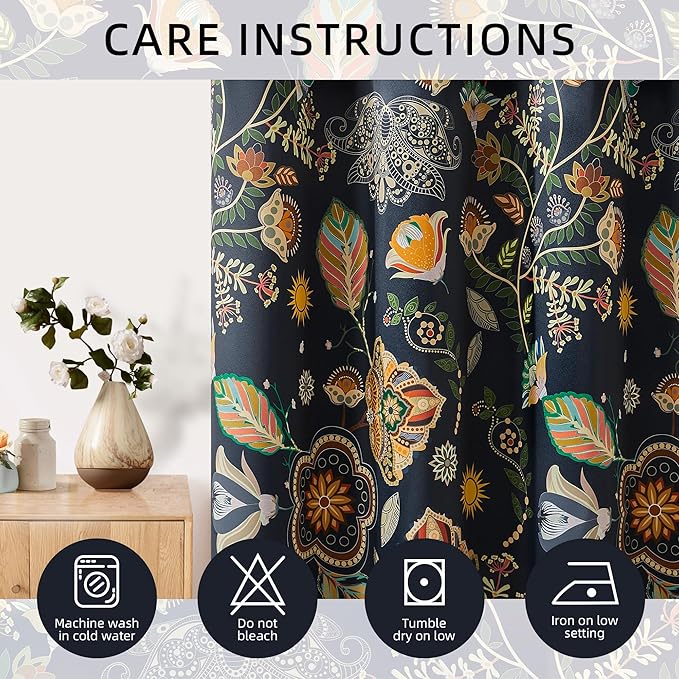Elegant Luxury Black Out Curtains 96 Inch Long 2 Panel Set for Living Room 100% Blackout Navy Blue Floral Vintage Mid Century Print Patterned 8FT Length Foor to Ceiling Curtains Grommet Drapes 52x96