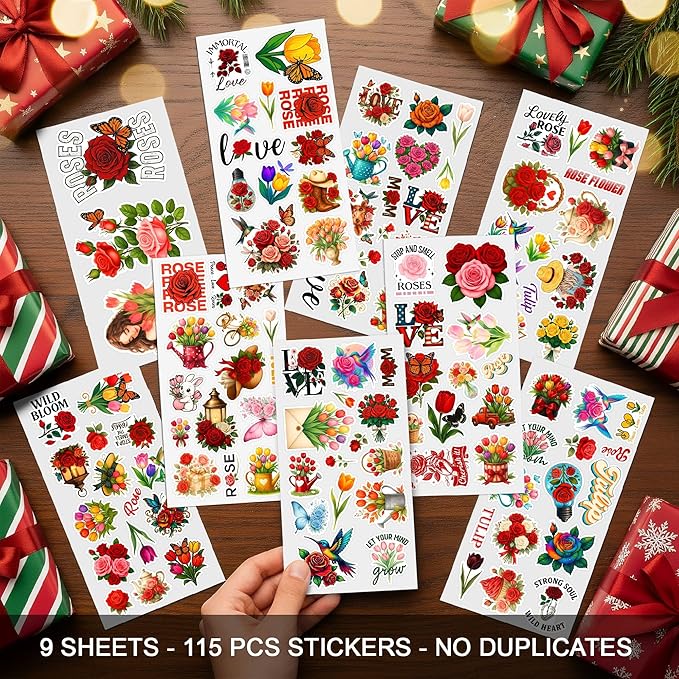 115 PCS Rose and Tulip Stickers Pack, Floral Watercolor Vinyl Waterproof Decals with Roses Tulips Hummingbirds Butterflies, Gift for Teens Adults Laptop Water Bottle Scrapbook