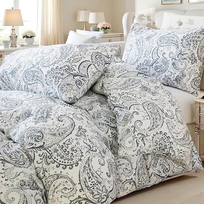 100% Cotton Duvet Cover Sets King Size, 3 Pieces Reversible Soft Bedding Sets,Blue Floral Paisley Comforter Cover, Breathable, Lightweight, All Season