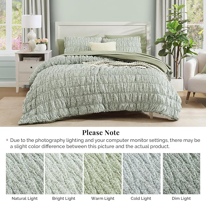 Queen Comforter Set-7 Pieces Sage Green Classic Puff Floral Bedding Sets for All Seasons,Shabby Chic Farmhouse Bed in a Bag Queen with Wildflowers Comforter,Sheets, Pillowcases & Shams