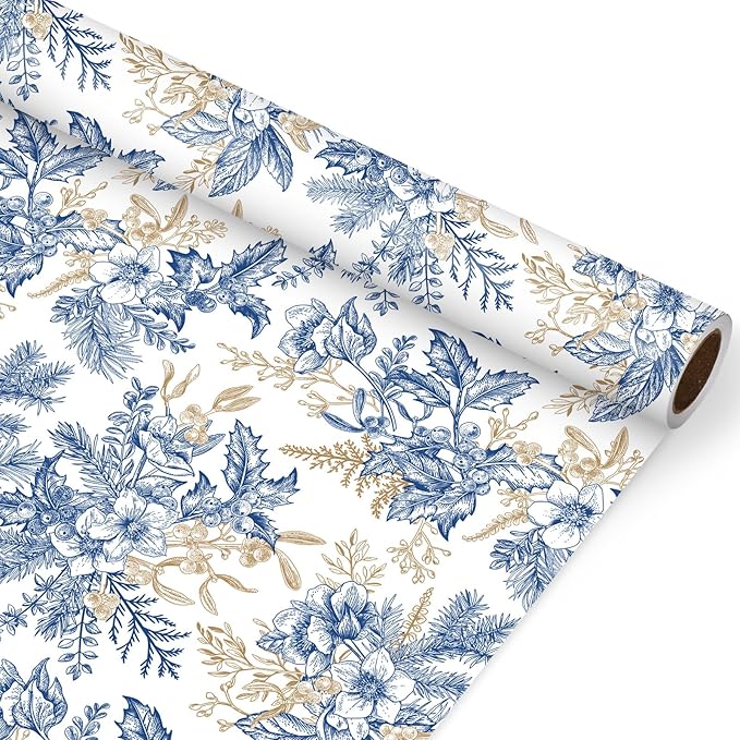 JarThenaAMCS Blue Gold Floral Wrapping Paper -Mini Roll- 17In x 32.8Ft Flower Berry Gift Wrap Paper Decorative Art Paper for Wedding Birthday Gift Packing Supplies