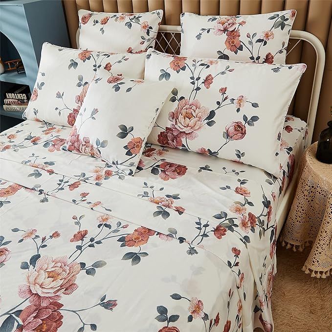 FADFAY Sheets Set Full Shabby Beige Floral Bedding Elegant Peony Sheets Set Vintage Flower Bedding Collections Soft 100% Egyptian Cotton 800 Thread Count Deep Pocket Fitted Sheet, 4Pcs-Full Size