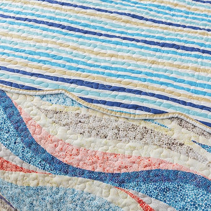 HoneiLife Oversized King Bedspreads 120x120 - Beach Quilt 3 Pieces, Coastal Quilt Sets, California King Quilt, Nautical Bedspreads Ocean Coverlets, Lightweight Bed Cover, Summer Quilts