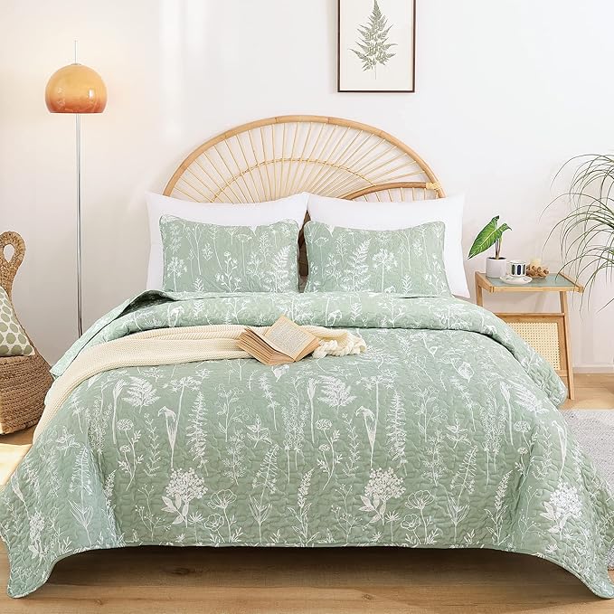 JANZAA Quilts Queen Size Sage Green Quilt Botanical with Floral Pattern Microfiber Bedspreads Queen Size 3 Pieces Lightweight Comforter Reversible Bedding Set with 2 Pillow Cases