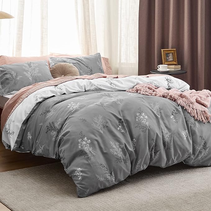 Bedsure Duvet Cover Queen Size - Reversible Floral Duvet Cover Set with Zipper Closure, 3 Pieces Grey Bedding Set with 8 Corner Ties and 2 Pillowcases 20"x26"