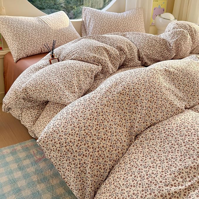 LifeTB Muslin Cotton Duvet Cover Set Queen Size Vintage Floral Duvet Cover Ultra Soft Breathable Comforter Cover Chic Flower Bedding Set Linen Feel Textured Gauze Comforter Cover with Zipper Closure