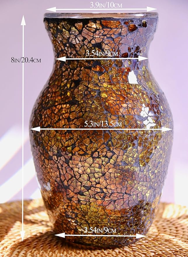 8" H Golden Mosaic Vase Glass Vase,Decorative Flower Vase,Decor Home Modern Midsize Mosaic Vase for Bedroom Livingroom Kitchen Office Wedding,Unique Gift