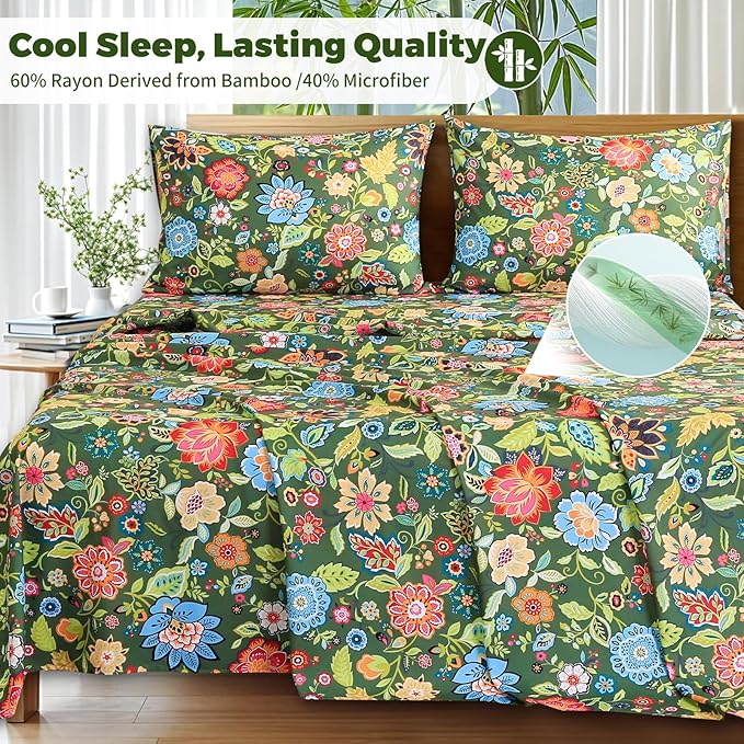 Bedlifes Full Floral 4-Piece Sheet Set - Cooling Sheets Blend Rayon Derived from Bamboo,Soft & Breathable, Deep Pocket 16", Wrinkle Resistant - Vibrant Boho Floral Dark Green
