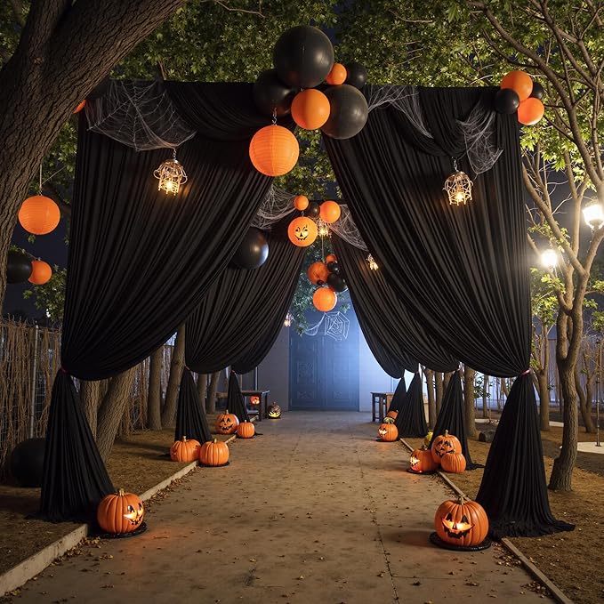 gogoparti 30x15 ft Black Backdrop Curtain for Weddings & Parties - 6-Panel Wrinkle-Free Polyester Drape, 15 FT Long for Birthday, Baby Shower, Halloween Photography Background