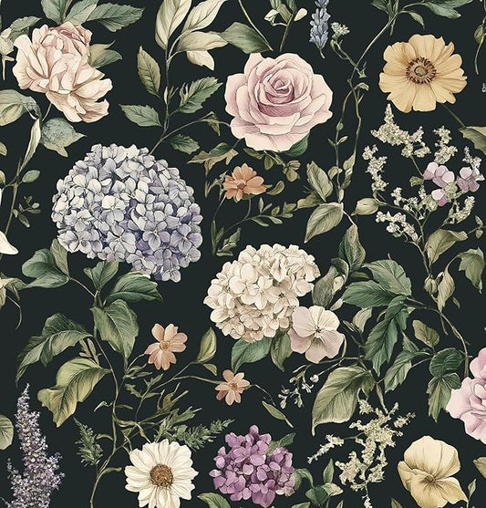 HeloHo Vintage Floral Peel and Stick Wallpaper Boho Contact Paper Dark Flower Self-Adhesive Removable Wallpaper Renter Friendly Botanical Wall Paper for Cabinets Bedroom Vinyl Rolls 17.3"x78.7"