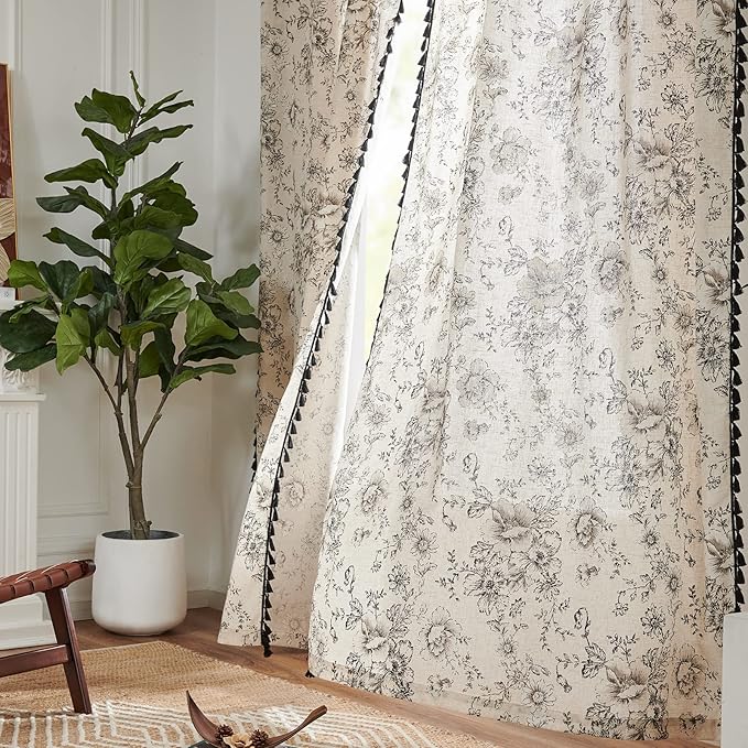 JINCHAN Linen Blend Floral Curtains for Living Room & Bedroom - 63 Inch Length Printed Curtains with Tassels & Rod Pocket - Farmhouse Rustic Peony Flower Patterned Drapes - Set of 2 Panels