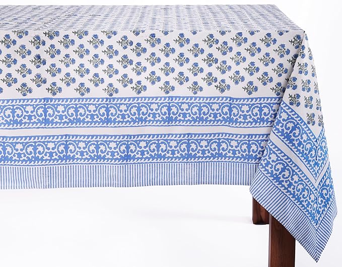 ATOSII Gulbahar Blue 100% Cotton Fall Rectangle Tablecloth, Handblock Print Floral Table Cloth for Kitchen Dining Linen I Thanksgiving Christmas Weddings Outdoors I 72 X 140 Inches I 12 Seater
