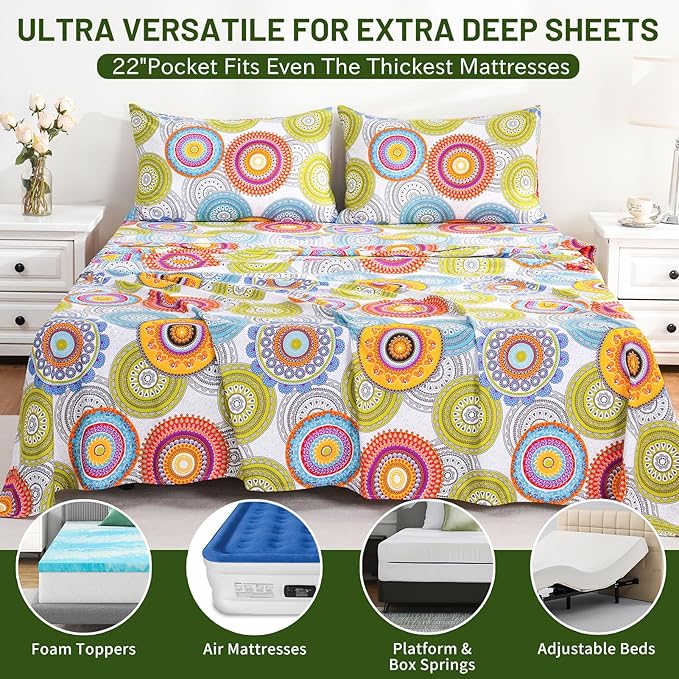 Bedlifes Extra Deep Pocket 18-24" Queen 4-Piece Sheet Set - Cooling Sheets Blend Rayon Derived from Bamboo Soft & Breathable,Featuring Mandala Patterned