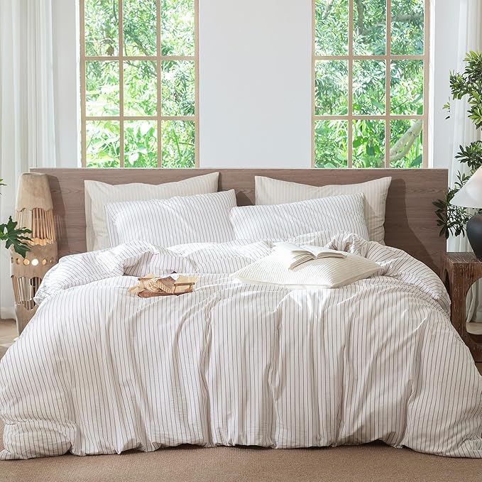 MooMee Striped Duvet Cover Set 100% Washed Cotton Linen Like Textured Breathable Durable Soft Comfy (White Orange Wide Stripes, Super Queen 90"x98")